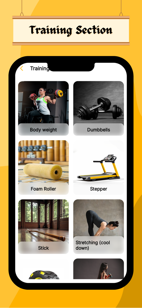 Mr Coach - Captura de tela de um aplicativo móvel mostrando a seção de treinamento com categorias de exercícios como peso corporal, halteres, rolo de espuma e alongamento.