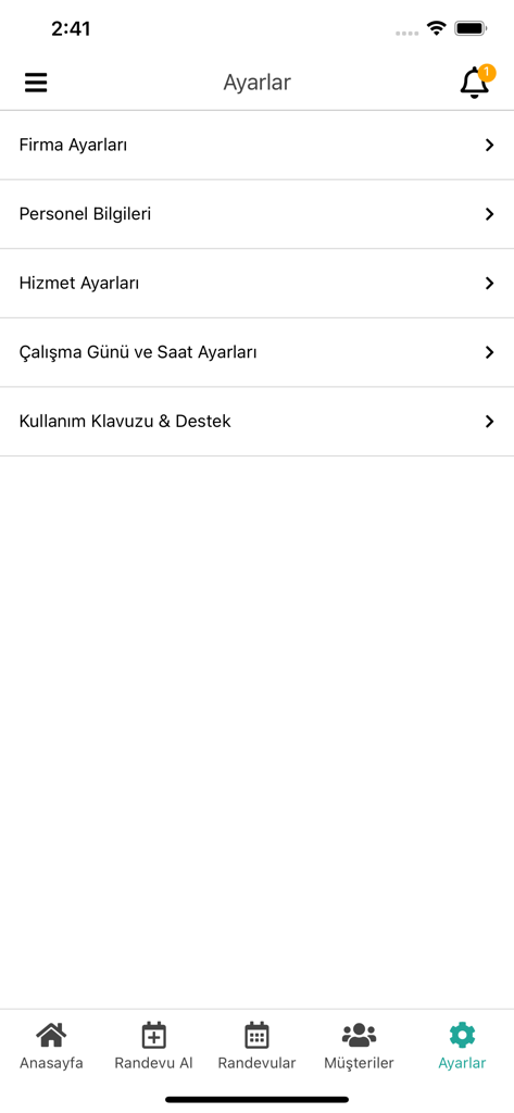 Settings menu of the Simple Appointment App showing business staff and service configuration options