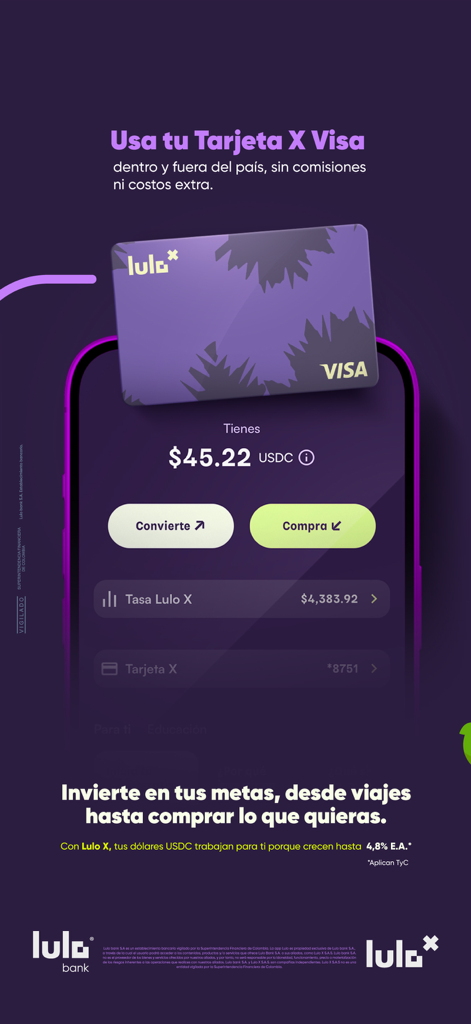 Lulo Bank app interface showing a purple Visa card and USDC account balance.