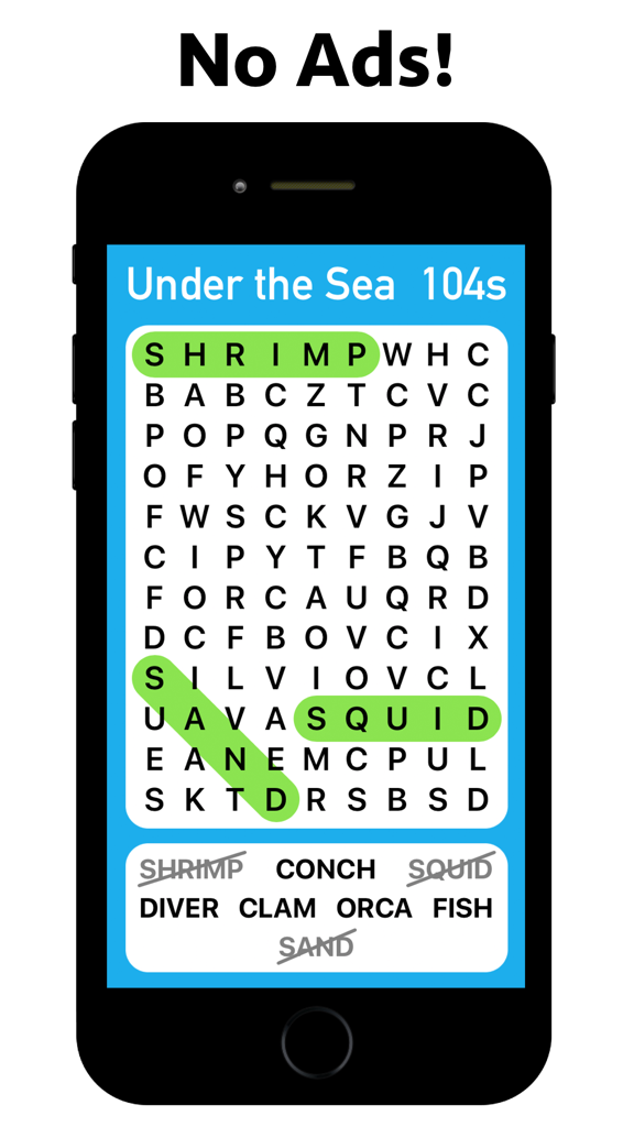 Word Race - Puzzle Game - A screenshot of the Word Race app showing an Under the Sea themed word search puzzle with no ads.