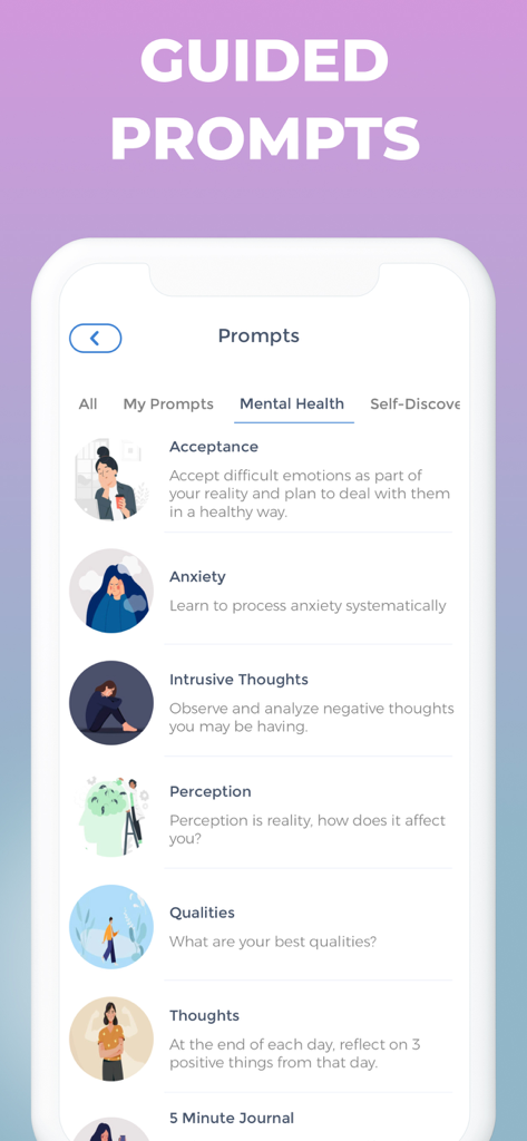 BPD Tracker - A list of guided mental health prompts within the Bravita BPD Tracker app including acceptance and anxiety tools