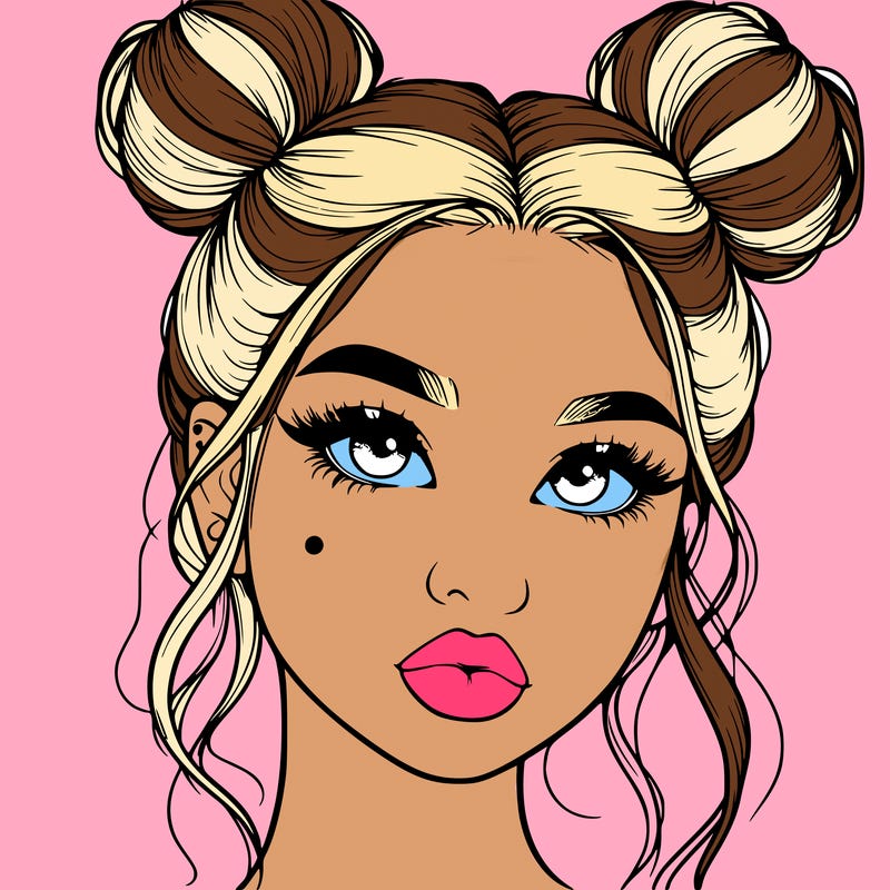 realistic girl with two buns on her hair and lips