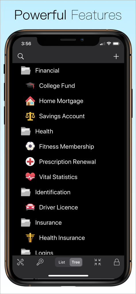 Password Manager Data Vault - DataVault Password Manager interface displaying organized folders for financial, health, and identification items.
