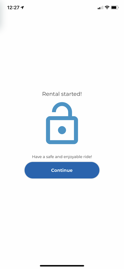 A confirmation screen in the Movatic app showing an unlocked padlock icon and the text Rental started.