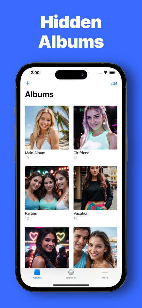 A screenshot of the Photo Lock app showing a grid of categorized hidden albums like girlfriend and vacation on an iPhone