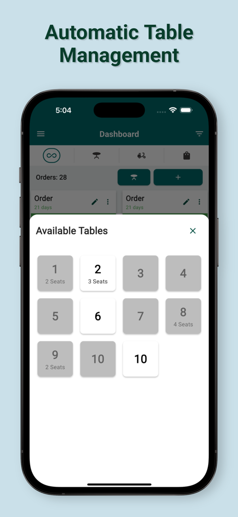 Smartphone screen showing an automatic restaurant table management grid with available seating information.