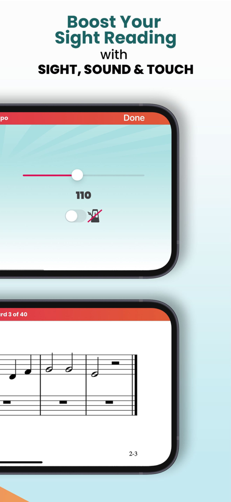 Pantallas de la aplicación Note Quest que muestran el ajuste del tempo y la partitura para la práctica de lectura de piano a primera vista