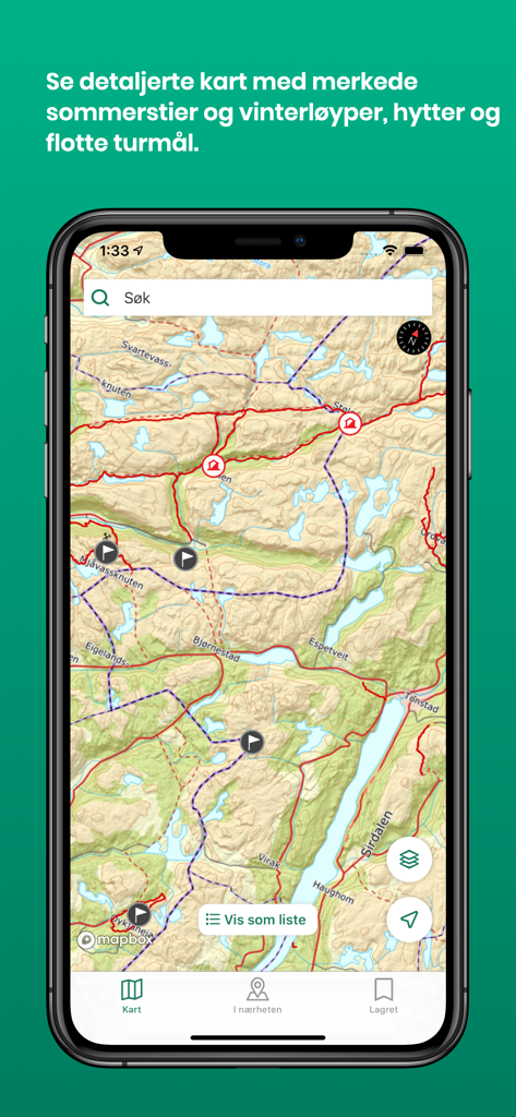 A topographic map in the UT.no app showing detailed summer and winter trails and mountain cabins in the Norwegian wilderness.