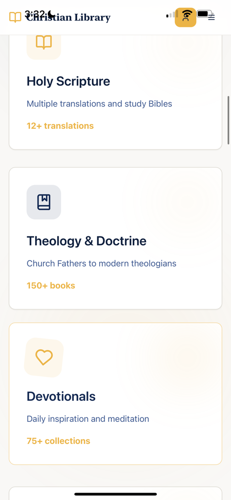 Christian Book Library - App interface displaying Scripture, Theology, and Devotional categories.