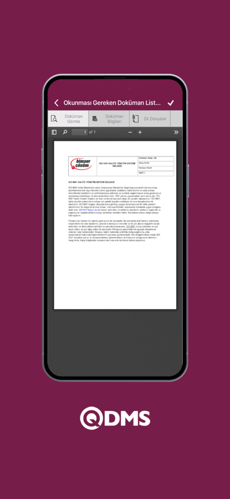 QDMS v2 - Bimser Çözüm - Mobiler Dokumentenbetrachter in der QDMS v2 App, der ein ISO 9001-Zertifizierungsdokument anzeigt