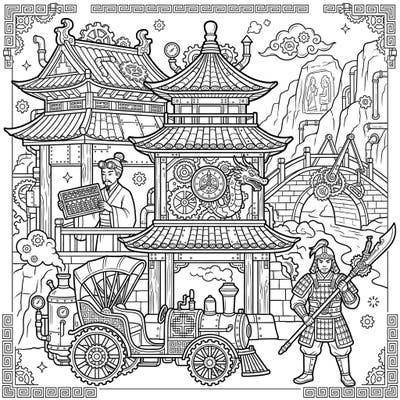 Journey through a breathtaking fusion of ancient Chinese elegance and intricate steampunk mechanics with this captivating coloring page. Discover a world where tradition meets innovation, offering endless creative possibilities.