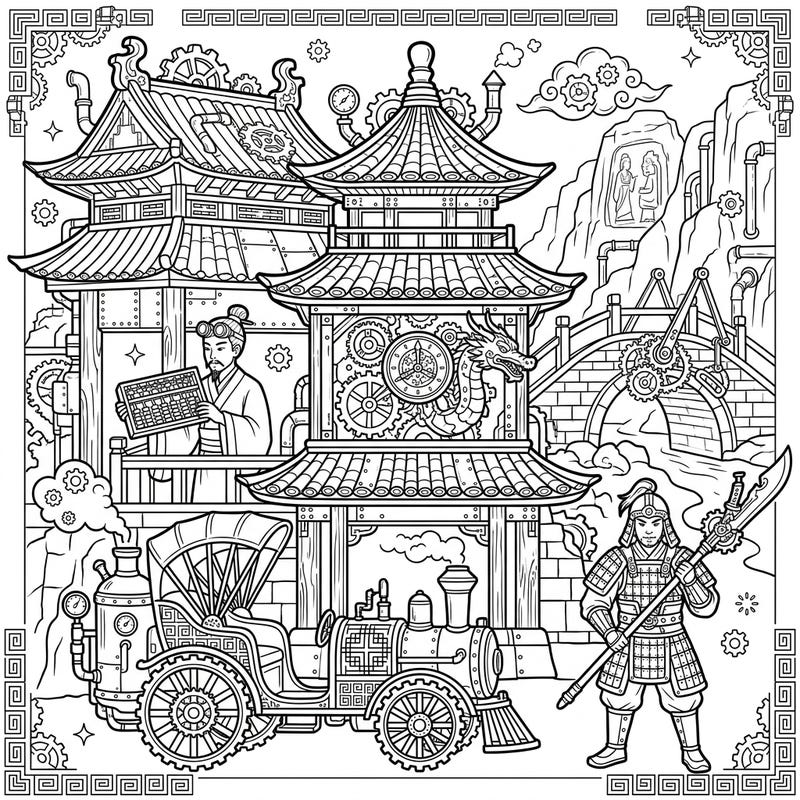 Journey through a breathtaking fusion of ancient Chinese elegance and intricate steampunk mechanics with this captivating coloring page. Discover a world where tradition meets innovation, offering endless creative possibilities.