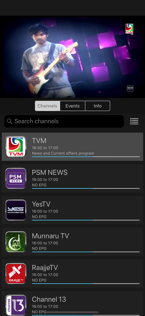 PSM Connect TV mobile app interface with Maldivian live TV channels and video stream