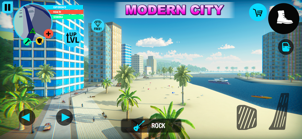 A wide shot of a modern coastal city with a sandy beach and skyscrapers in the Rio crime city mobile game