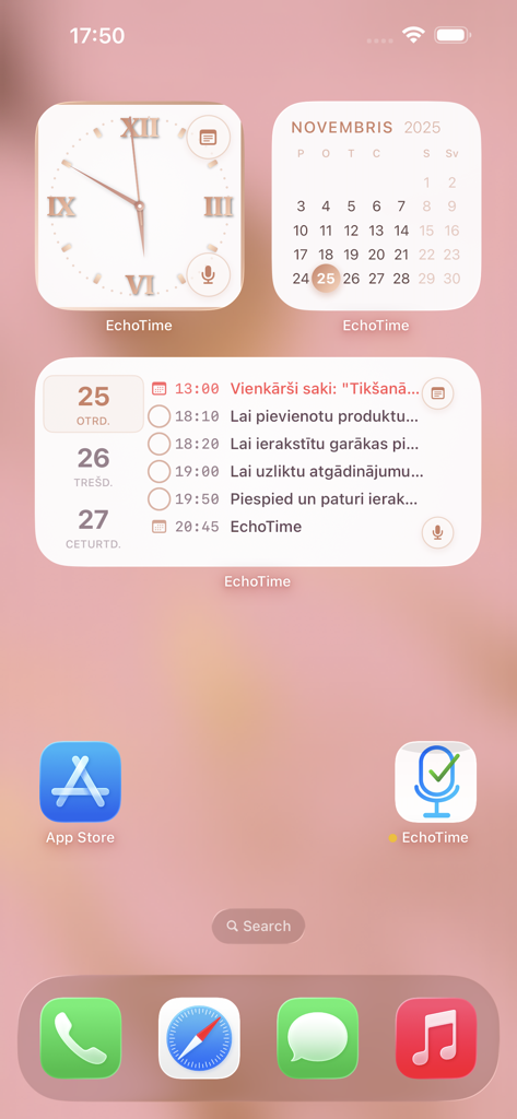 Echo Time Voice Assistant - iPhone home screen displaying Echo Time voice assistant widgets for clock, calendar, and task lists