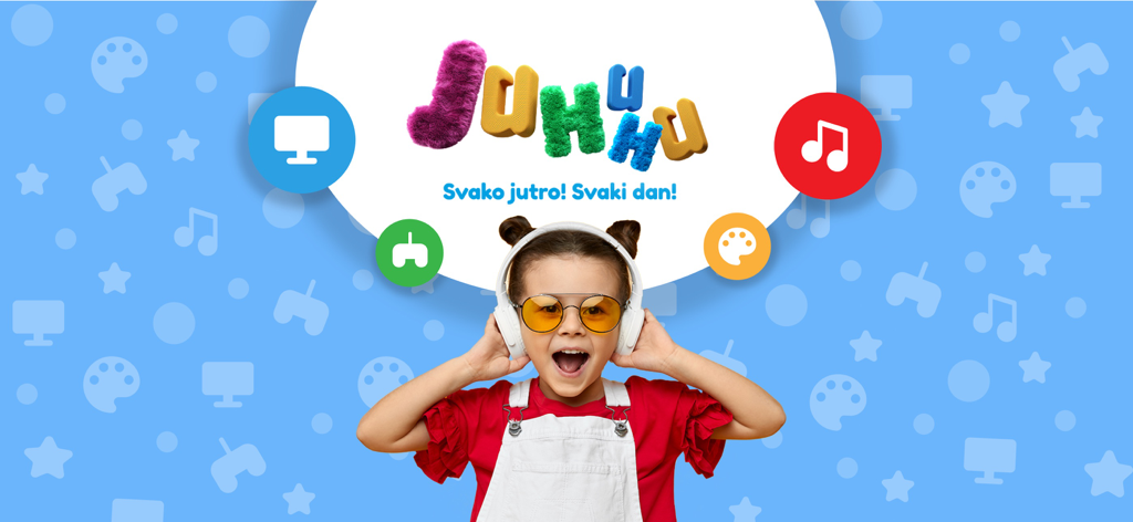 A young girl wearing headphones and smiling in front of the Juhuhu app logo and educational icons for video, music, and games.