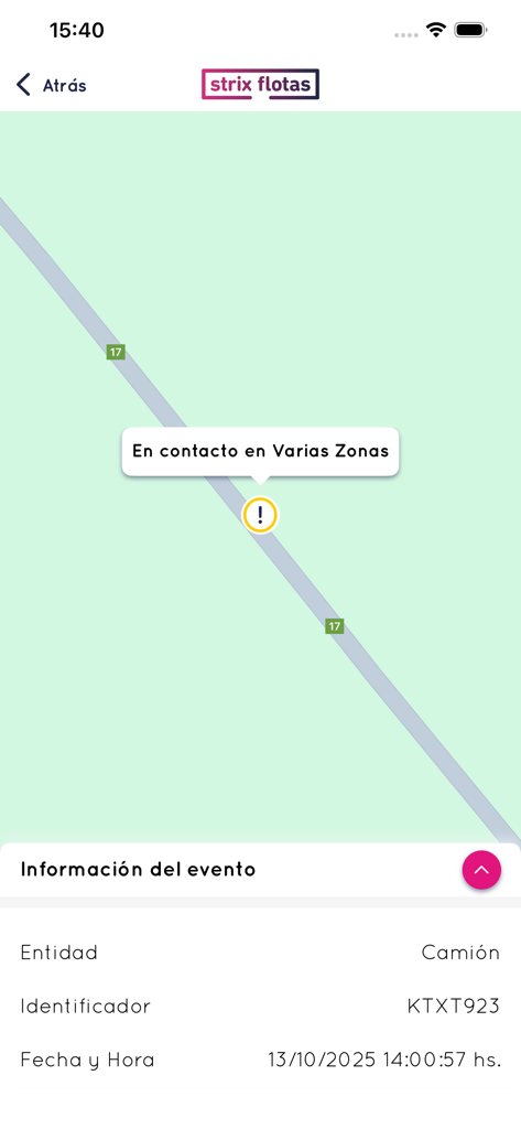 Interfaz de la aplicación Strix Flotas mostrando un camión siendo rastreado en un mapa con información de eventos