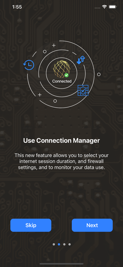 Iridium GO! exec - Iridium GO exec Connection Manager feature screen showing data and firewall settings