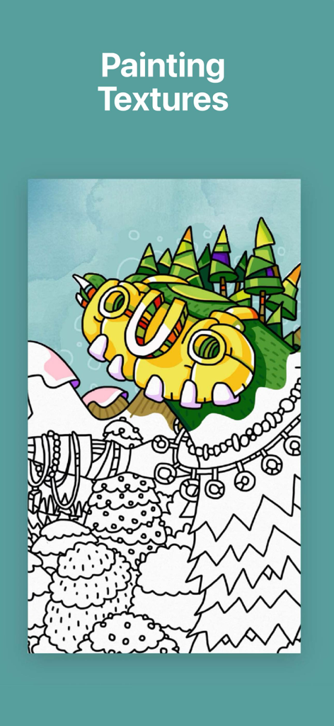 Tayasui Coloring Book - Digital coloring book illustration showing realistic watercolor painting textures and creative line art