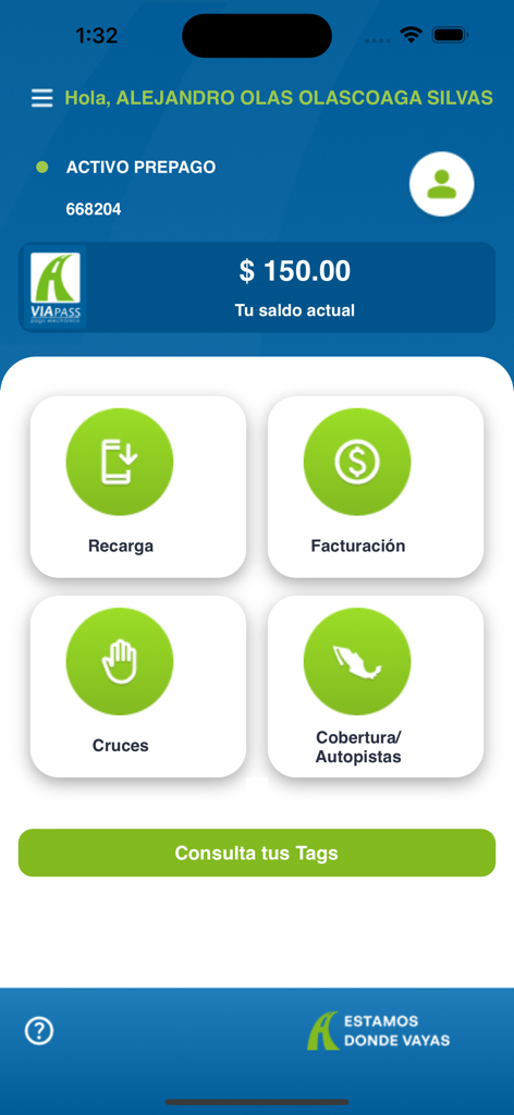 Viapass Telepeaje - Main dashboard of the Viapass Telepeaje mobile app displaying account balance and menu options for recharge and billing