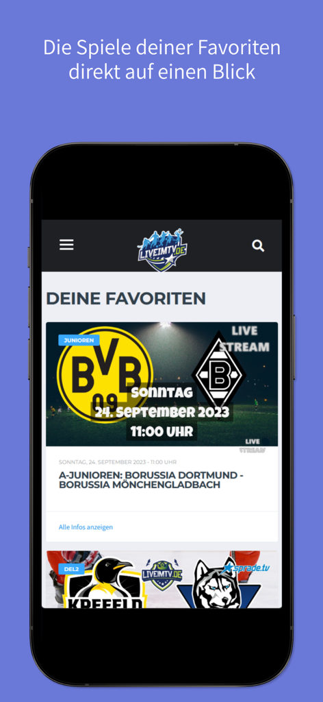 Écran d'application mobile affichant les calendriers sportifs personnalisés pour les équipes favorites avec des informations de streaming en direct