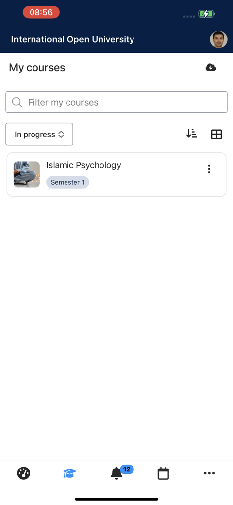 Panel de control de la aplicación IOU Inglés que muestra la pantalla Mis Cursos con un curso de Psicología Islámica listado