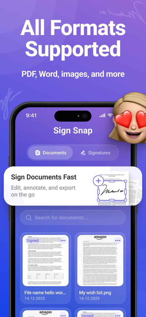 Signature. Sign Documents PDF - Mobile App-Bildschirm, der die Unterstützung für PDF-, Word- und Bilddateien mit einer schnellen Dokumentensignieroberfläche zeigt