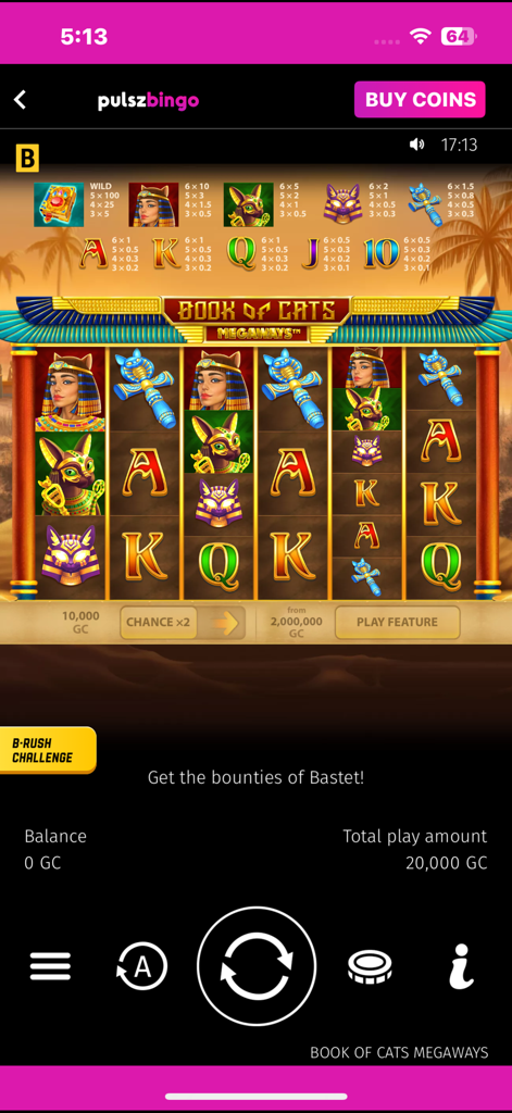 Pulsz Bingo: Bingo Games - A screenshot of the Book of Cats Megaways slot game within the Pulsz Bingo mobile app.