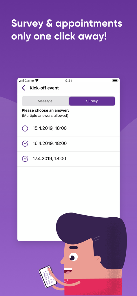 SchoolFox - Schulkommunikation - SchoolFox mobile app interface showing a survey for scheduling a school event with multiple date options