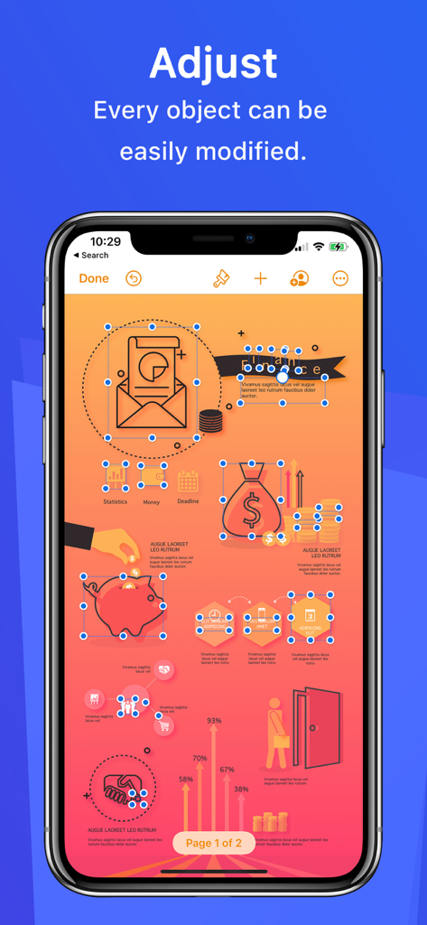 アイコンやグラフのような個々のインフォグラフィックオブジェクトの調整と変更方法を示すモバイルアプリインターフェイス。