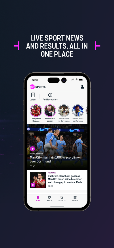 TNT Sports: News & Results - TNT Sports App-Startseite mit Live-Sportnachrichten und Spielergebnissen