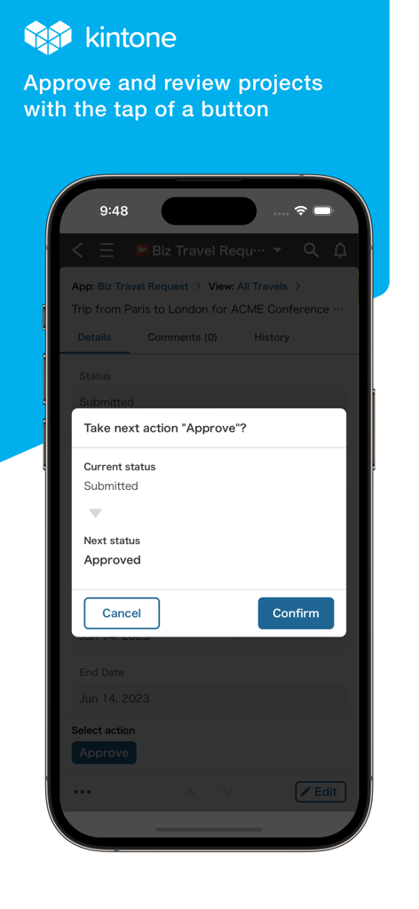 kintone - Kintone app interface displaying a project approval workflow step on a smartphone