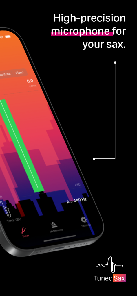 TunedSax: Pro Saxophone Tuner - Smartphone screen displaying the TunedSax Pro app with high-precision microphone and real-time pitch feedback.