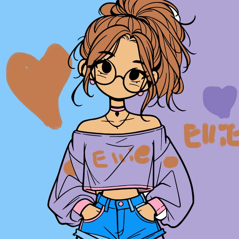 girl with a messy ponytail glasses a baggy crop top and jean shorts