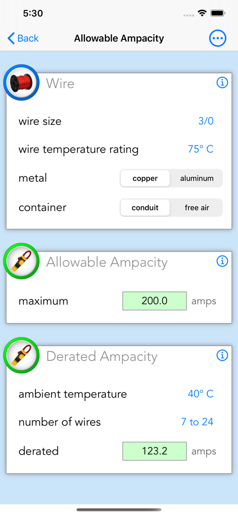 Oberfläche der E-Calc Journeyman-App zur Berechnung der zulässigen und reduzierten Strombelastbarkeit für elektrische Leitungen.