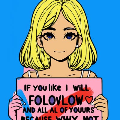 a realistic girl holding a sign saying if you like i will follow and like all of yours because why not?