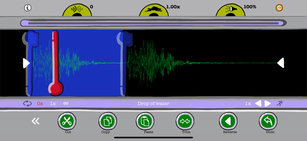 The soundOscope app showing a green audio waveform of a water drop being edited with scientific laboratory tools