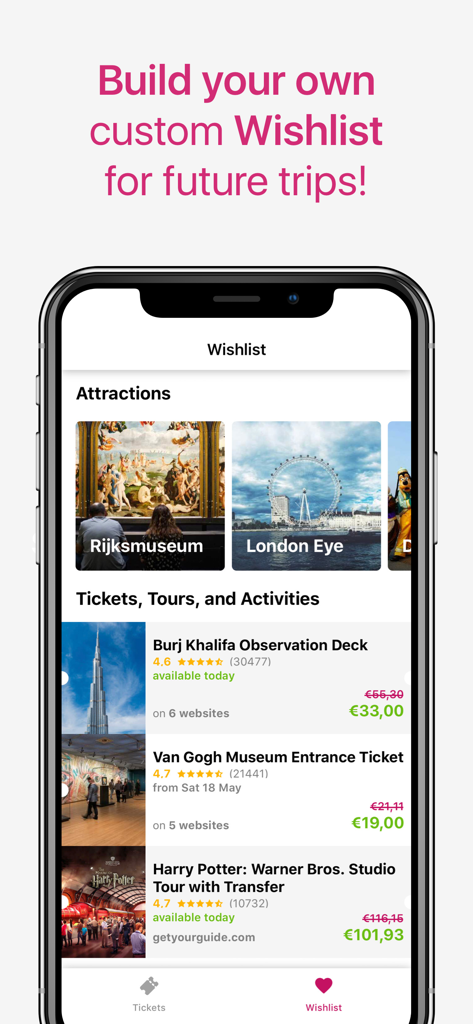 TicketLens: Tours & Activities - TicketLensアプリのウィッシュリスト画面、保存された旅行アトラクションとツアーチケットを表示