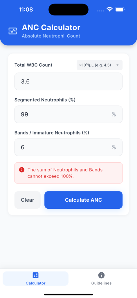 Absolute Neutrophil Count Calc - Absolute Neutrophil Count Calculator app interface showing clinical input fields for WBC and neutrophils