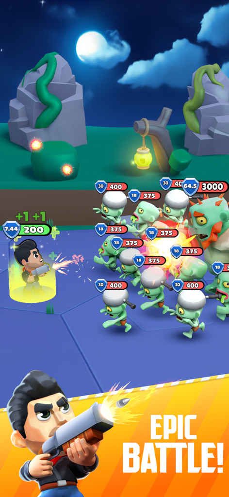 Cannon Heroes X - A hero character shooting at a crowd of green monsters in Cannon Heroes X