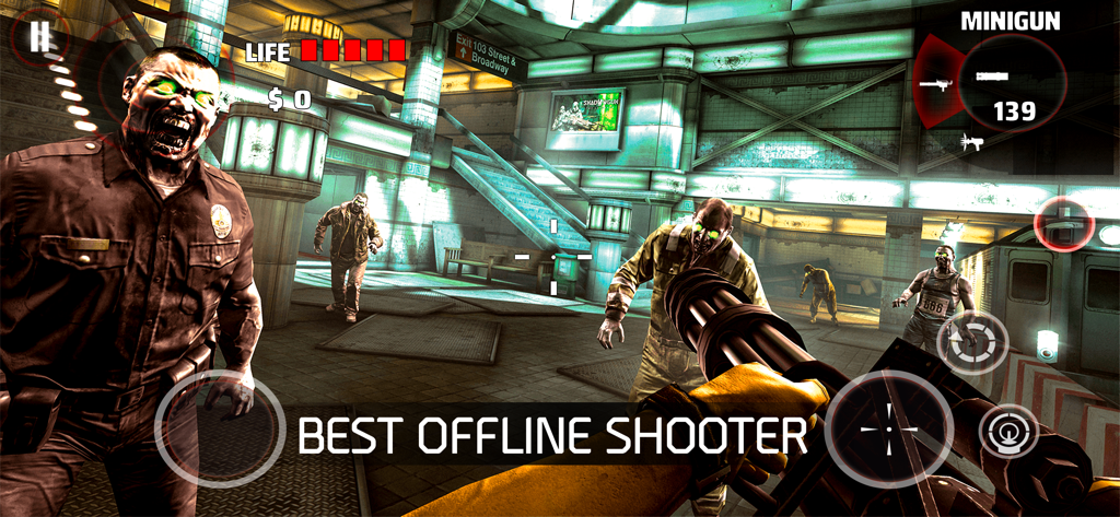DEAD TRIGGER: Survival Shooter - Gameplay à la première personne de Dead Trigger mettant en scène une minigun et des zombies dans une station de métro.