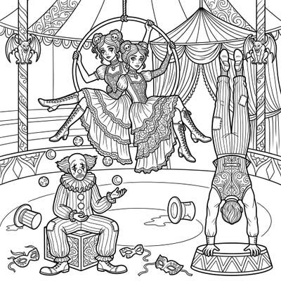 Step into the hauntingly beautiful world of our Gothic Circus coloring page, where Victorian elegance meets melancholic mystique. Discover intricate details, from graceful aerialists to a somber clown, ready for your creative touch.