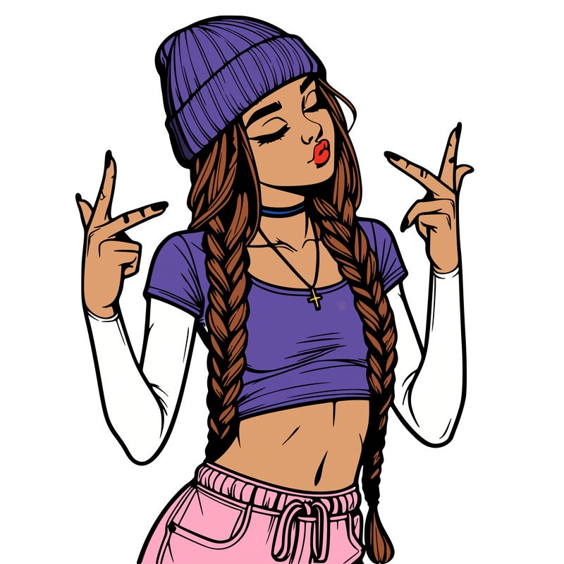 realistic teenage girl with braids and a beanie and crop top doing 🫶🏼