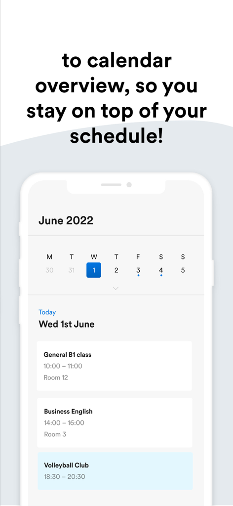 A mobile app interface showing a student daily schedule with classes and activities on a calendar