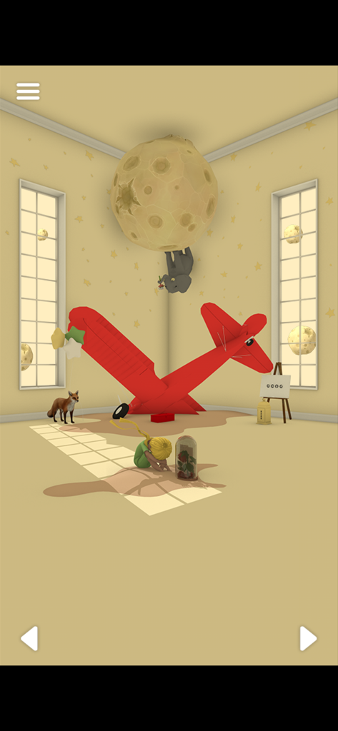 A whimsical escape game scene featuring a red airplane the Little Prince and a fox in a star patterned room