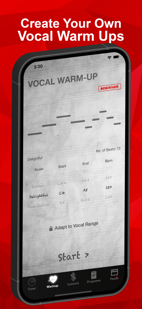 Tela do aplicativo móvel para criar exercícios de aquecimento vocal personalizados com configurações para escala, alcance de afinação e BPM.