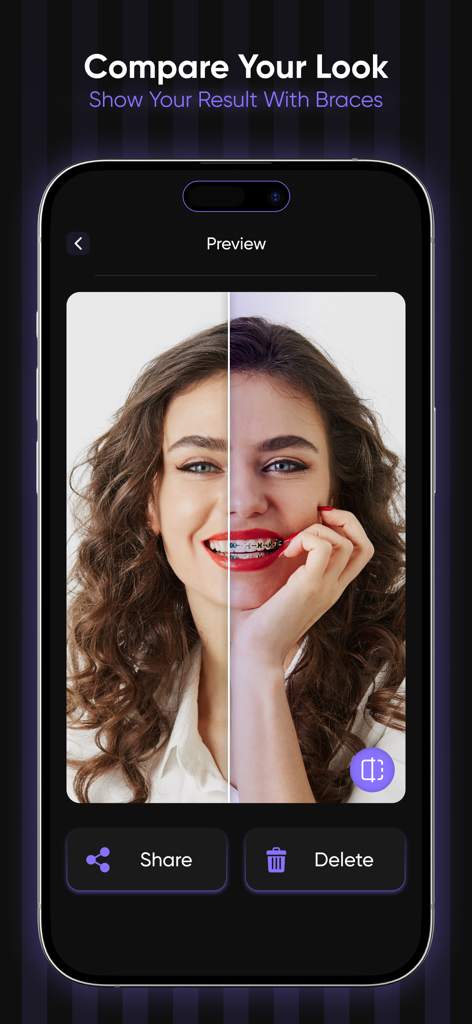 A split screen showing a woman's smile before and after applying colorful virtual braces using the photo editor app.