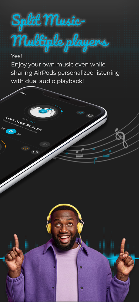 Split Music Player: Dual Audio - App screen showing split music player feature for dual audio playback on shared headphones