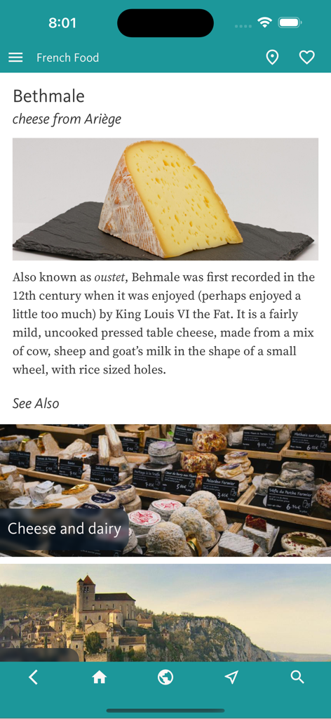 French Food Decoder - Una captura de pantalla de la aplicación French Food Decoder que muestra una entrada enciclopédica detallada para el queso Bethmale con fotos y datos históricos.