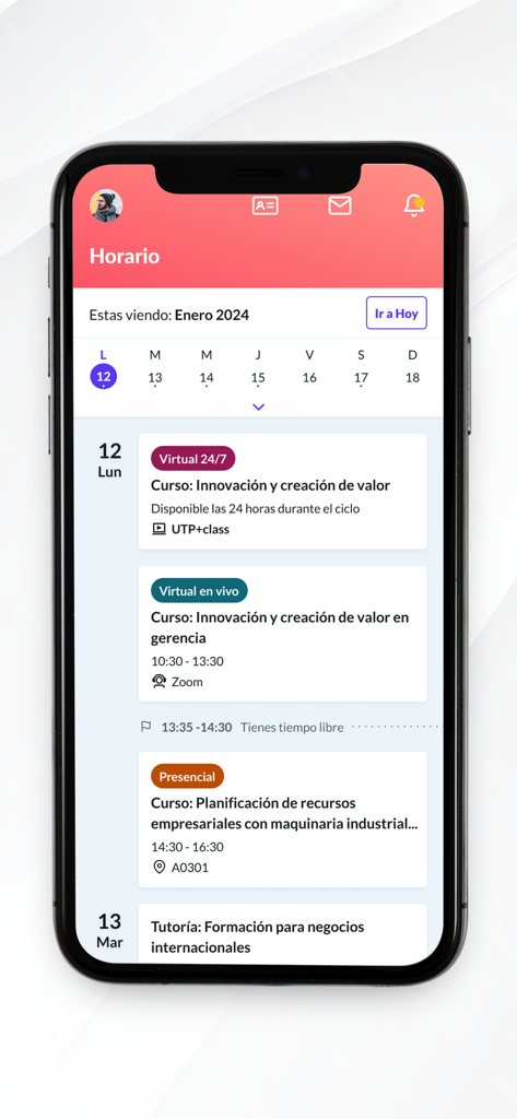 Akademischer Stundenplan-Interface der UTP+ App mit Kurszeiten und -formaten